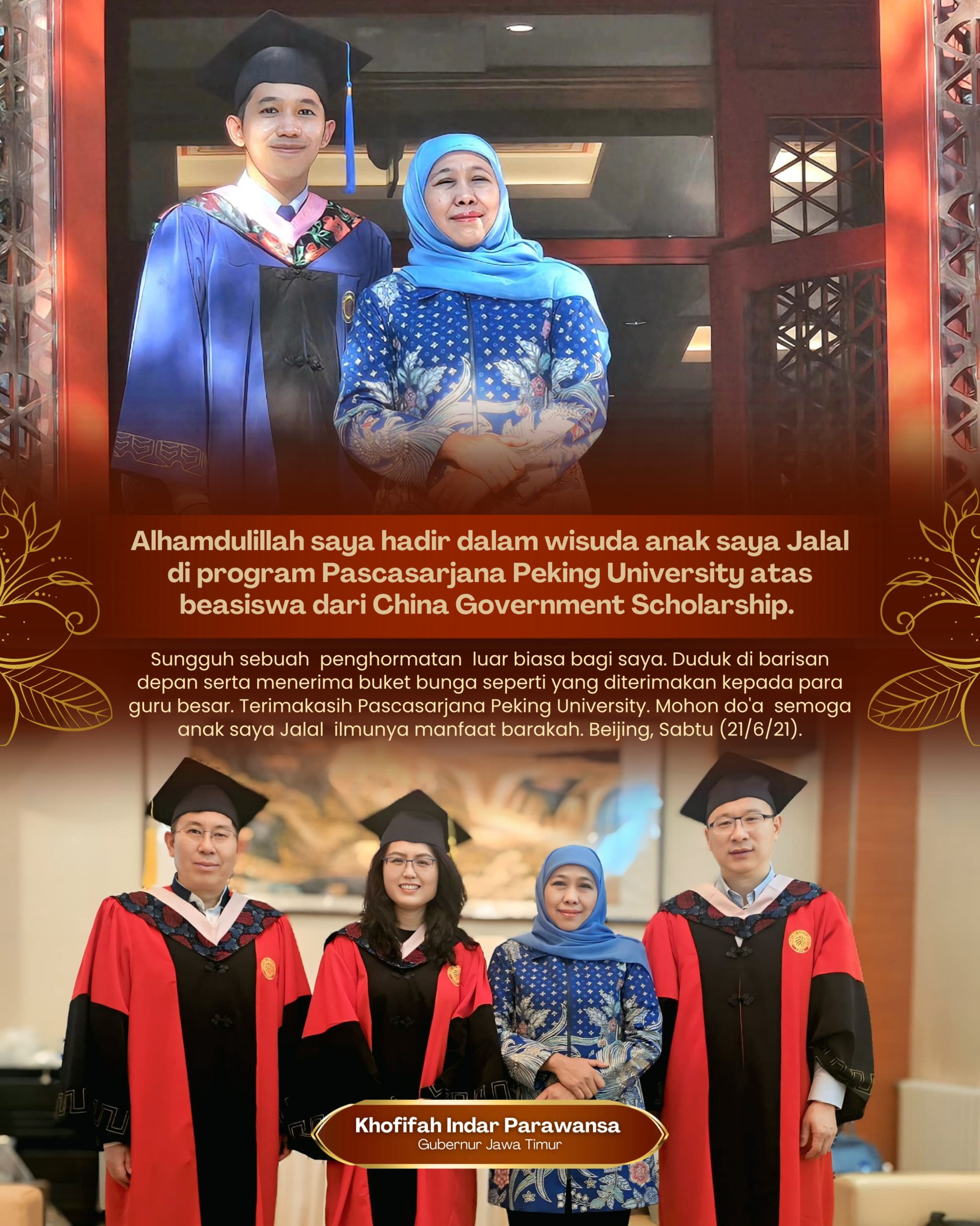 Hadiri Wisuda Sang Putra, Gubernur Khofifah Jadi Tamu Kehormatan  di Peking University Tiongkok