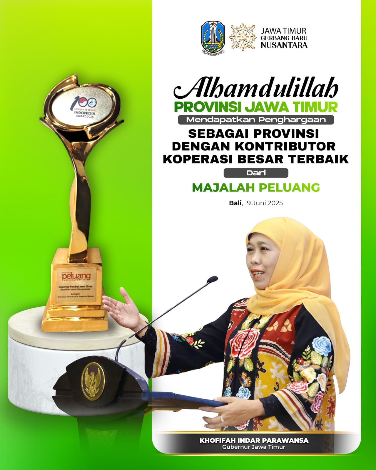 aih Penghargaan Kontributor Koperasi Besar Terbaik, Gubernur Khofifah: 28.534 Kopersi di Jatim Gerakkan Ekonomi Kerakyatan