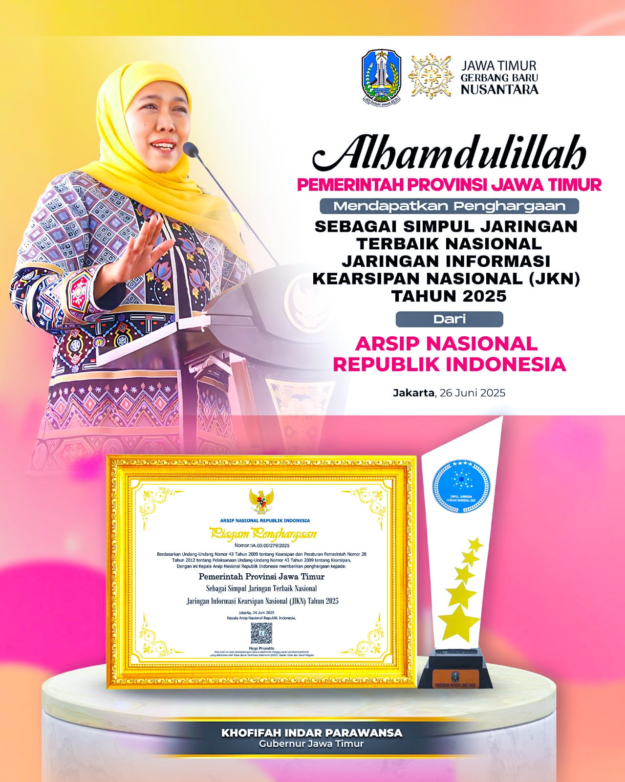 Jatim Raih Penghargaan Simpul Jaringan Terbaik, Gubernur Khofifah Komitmen Perkuat Kearsipan Terbuka dan Mudah Diakses Masyarakat