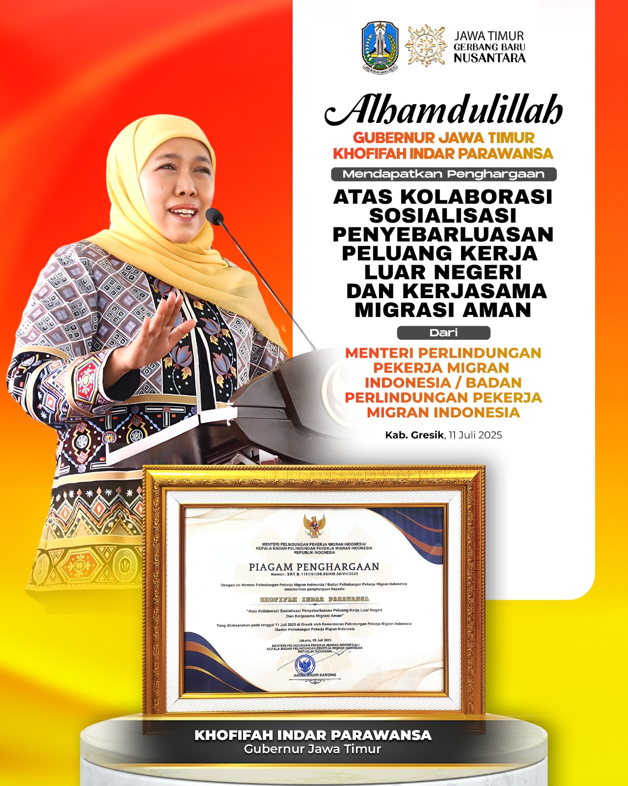 Jatim Terdepan dalam Lindungi Pekerja Migran, Gubernur Khofifah Raih Penghargaan Nasional