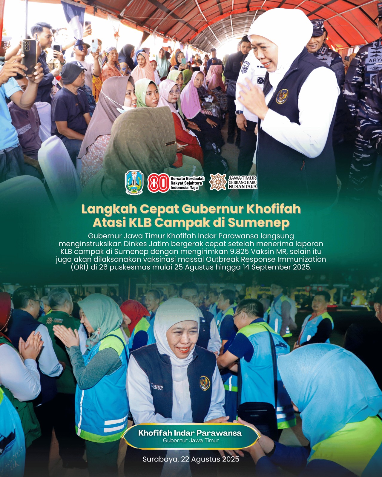 Gerak Cepak Hadapi KLB Campak di Sumenep, Gubernur Khofifah Kirim 9.825 Vaksin dan Besok ke Sumenep Lakukan ORI di 26 Puskesmas
