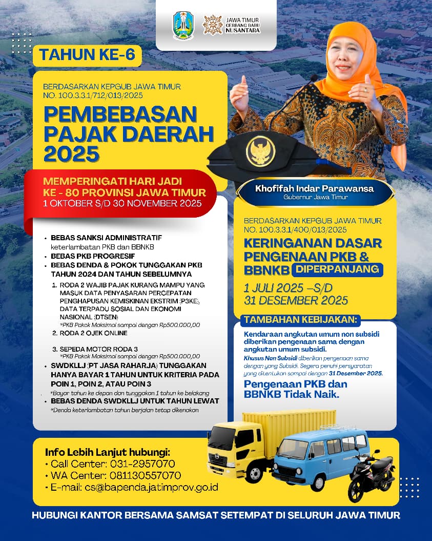 Pembebasan Pajak Daerah Jadi Hadiah Spesial Hari Jadi ke-80 Jatim dari Gubernur Khofifah