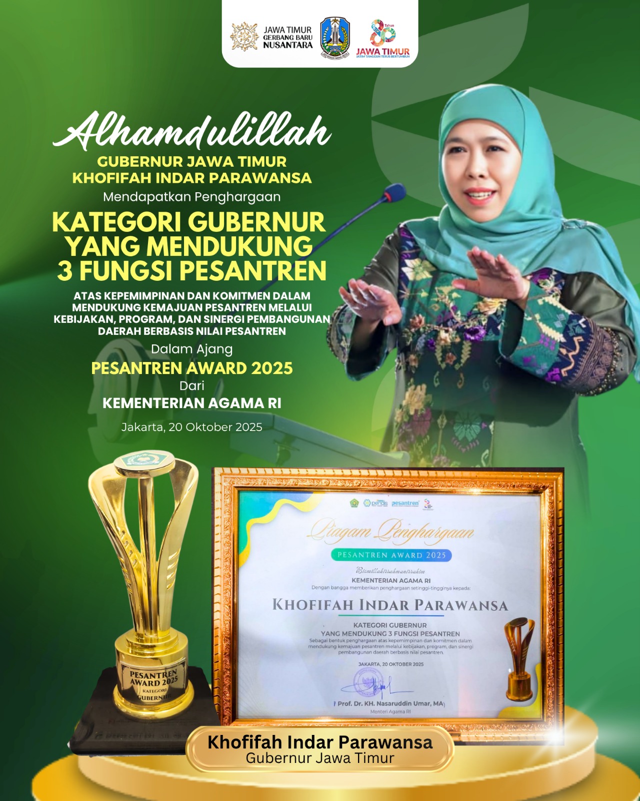 Gubernur Khofifah Terima Pesantren Award 2025, Tegaskan Pesantren Pelaku Aktif Membangun Bangsa
