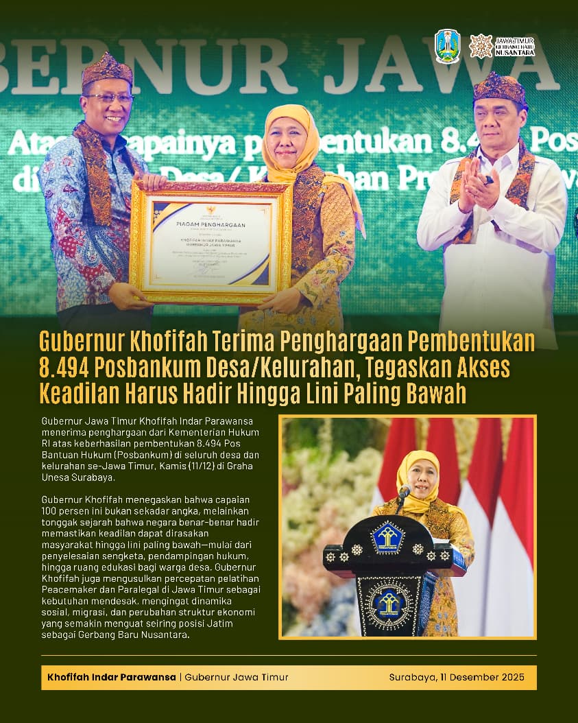 Gubernur Khofifah Terima Penghargaan Nasional atas Keberhasilan Bangun 8.494 Posbankum Desa/Kelurahan
