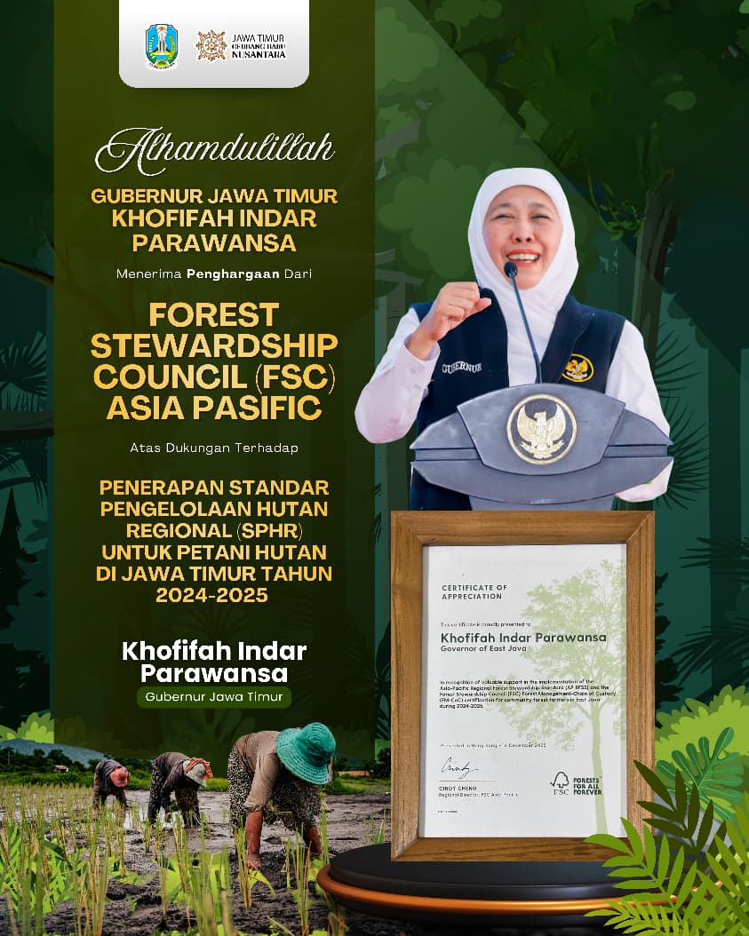 Gubernur Khofifah Terima Penghargaan Internasional, Hutan Rakyat Jatim Jadi Penggerak Ekonomi Berkelanjutan