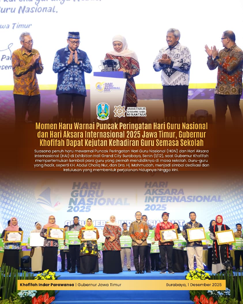 Gubernur Khofifah: Setiap Prestasi Jatim Ada Doa Guru, HGN 2025 Hadirkan Guru Inspiratif dari Berbagai Penjuru Daerah