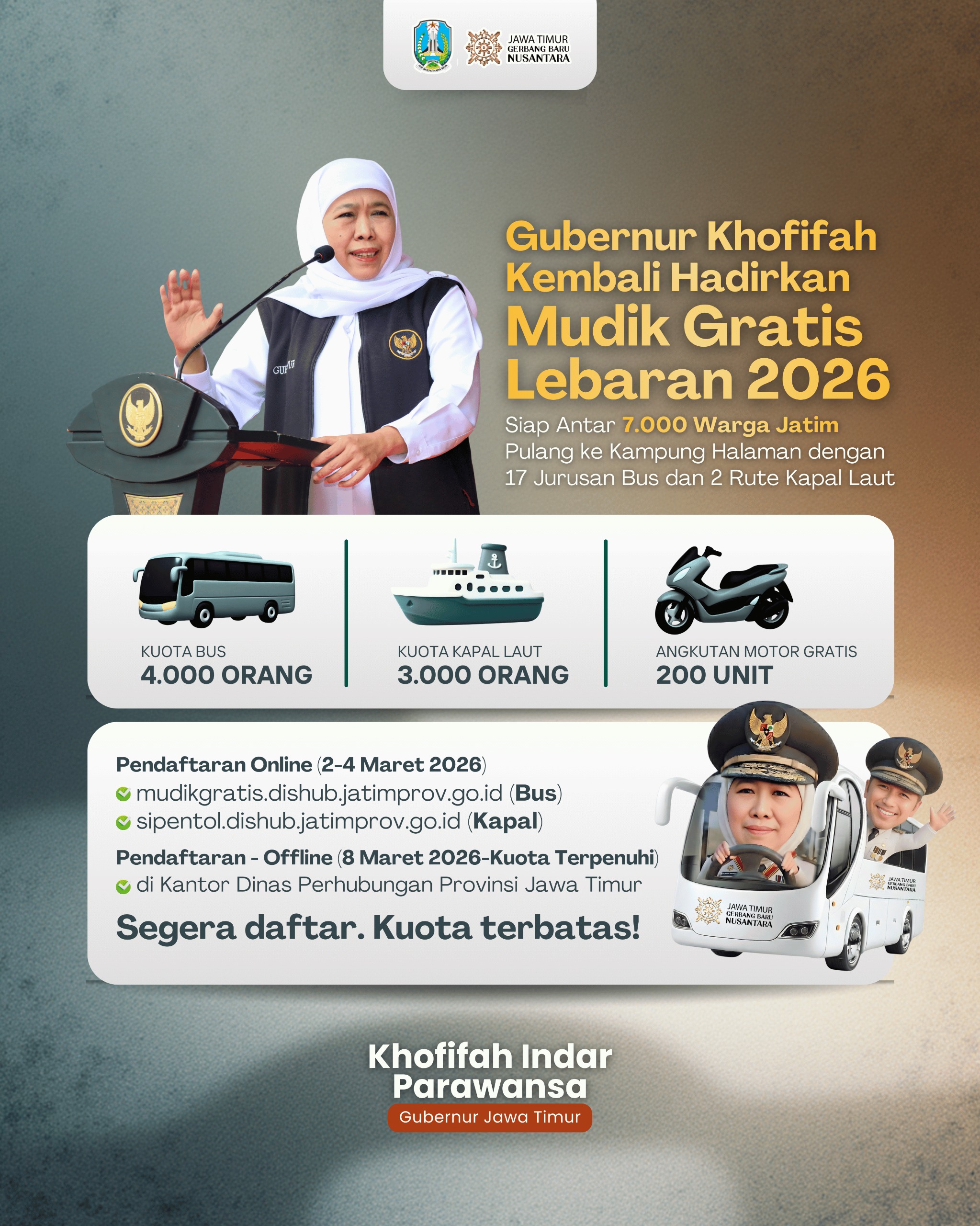 Gubernur Khofifah Buka Pendaftaran Mudik Gratis 2–4 Maret, Kuota Terbatas untuk 7.000 Pemudik
