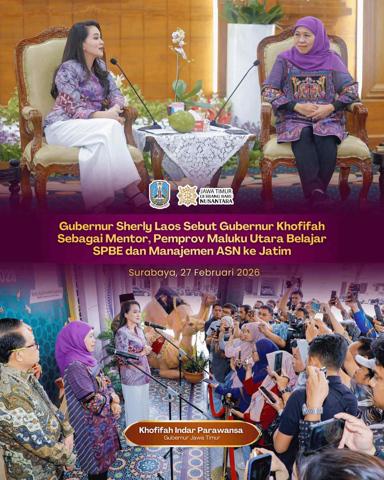 Gubernur Khofifah Paparkan Inovasi Manajemen ASN dan Proyek Perubahan kepada Gubernur Sherly Laos