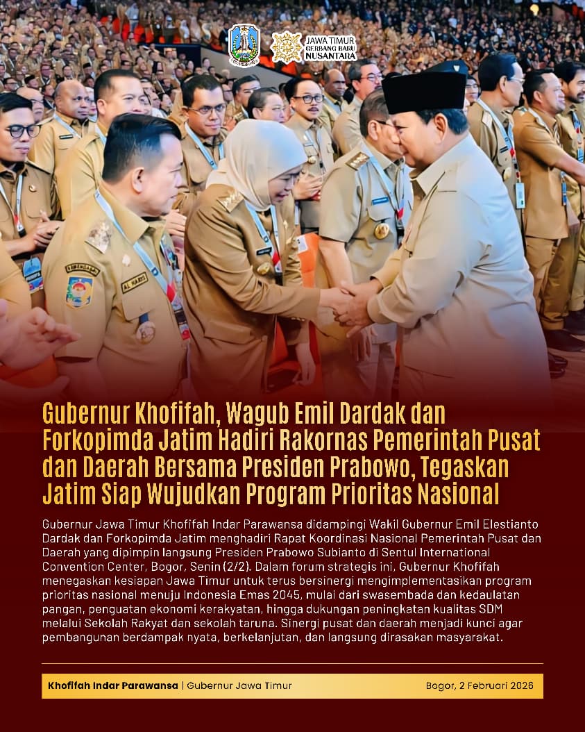 Gubernur Khofifah Pastikan Jatim Siap Sukseskan Program Prioritas Nasional dalam Rakornas Presiden Prabowo