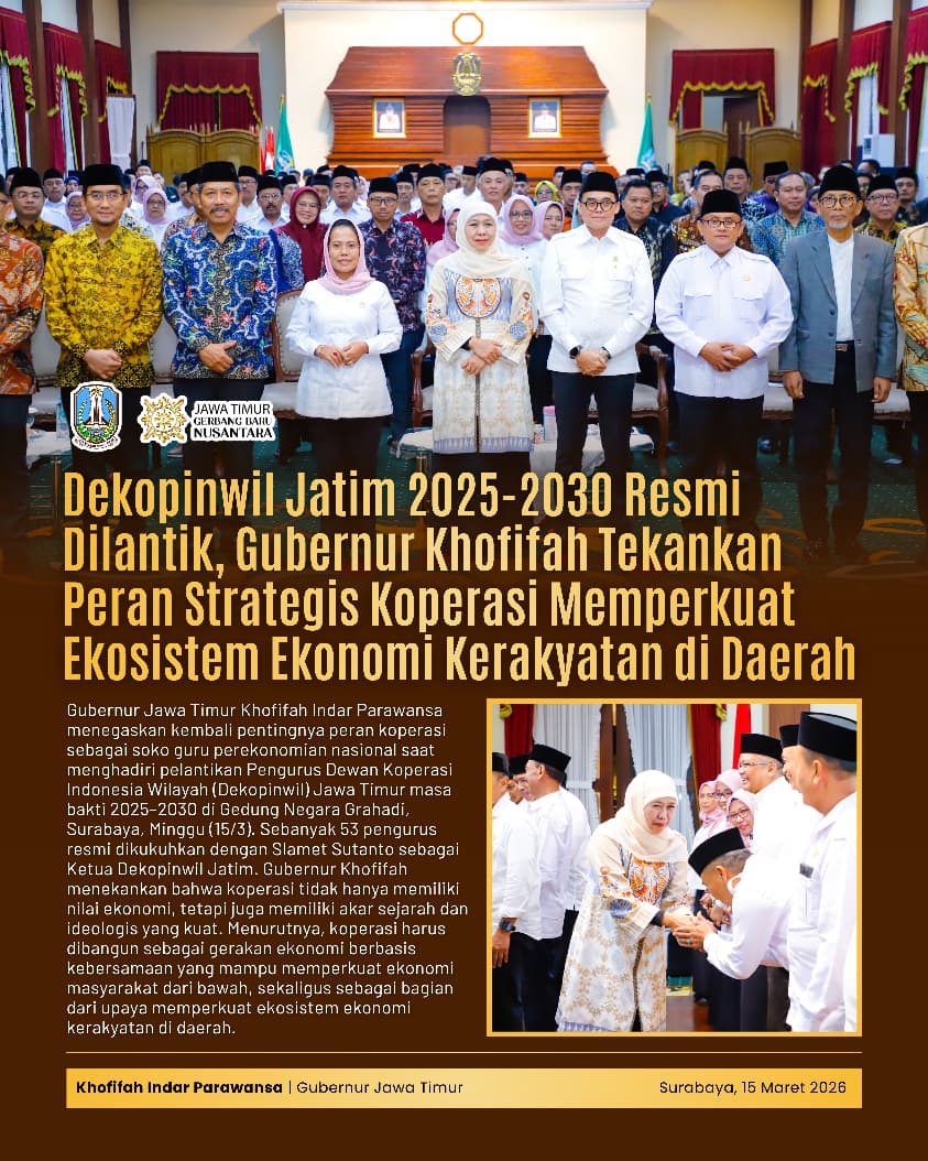 Gubernur Khofifah Sebut Koperasi Sebagai Soko Guru Ekonomi Nasional dalam Pelantikan Dekopinwil Jatim