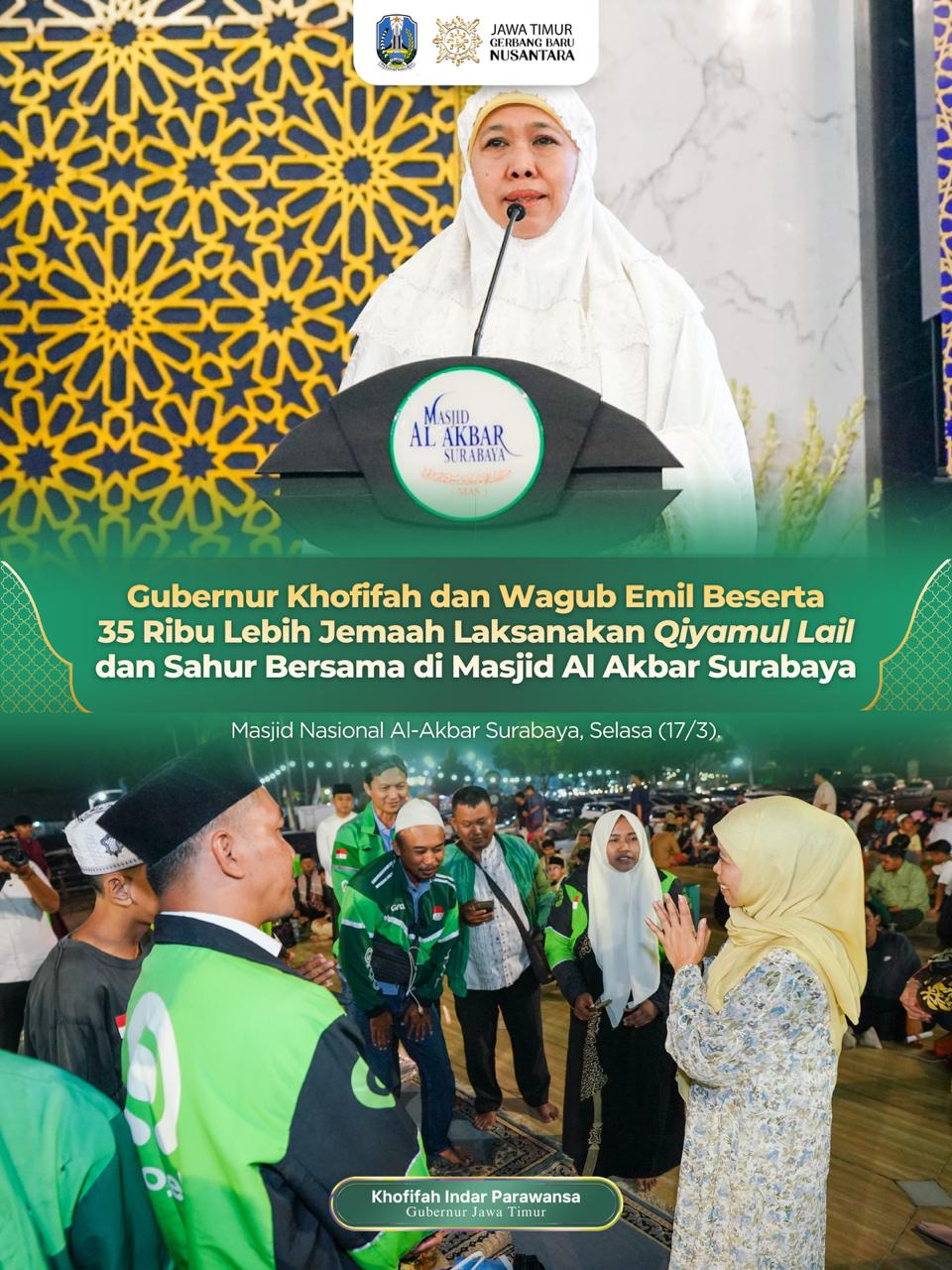 Gubernur Khofifah Pimpin Doa Perdamaian Dunia Saat Qiyamul Lail di Masjid Al Akbar Surabaya