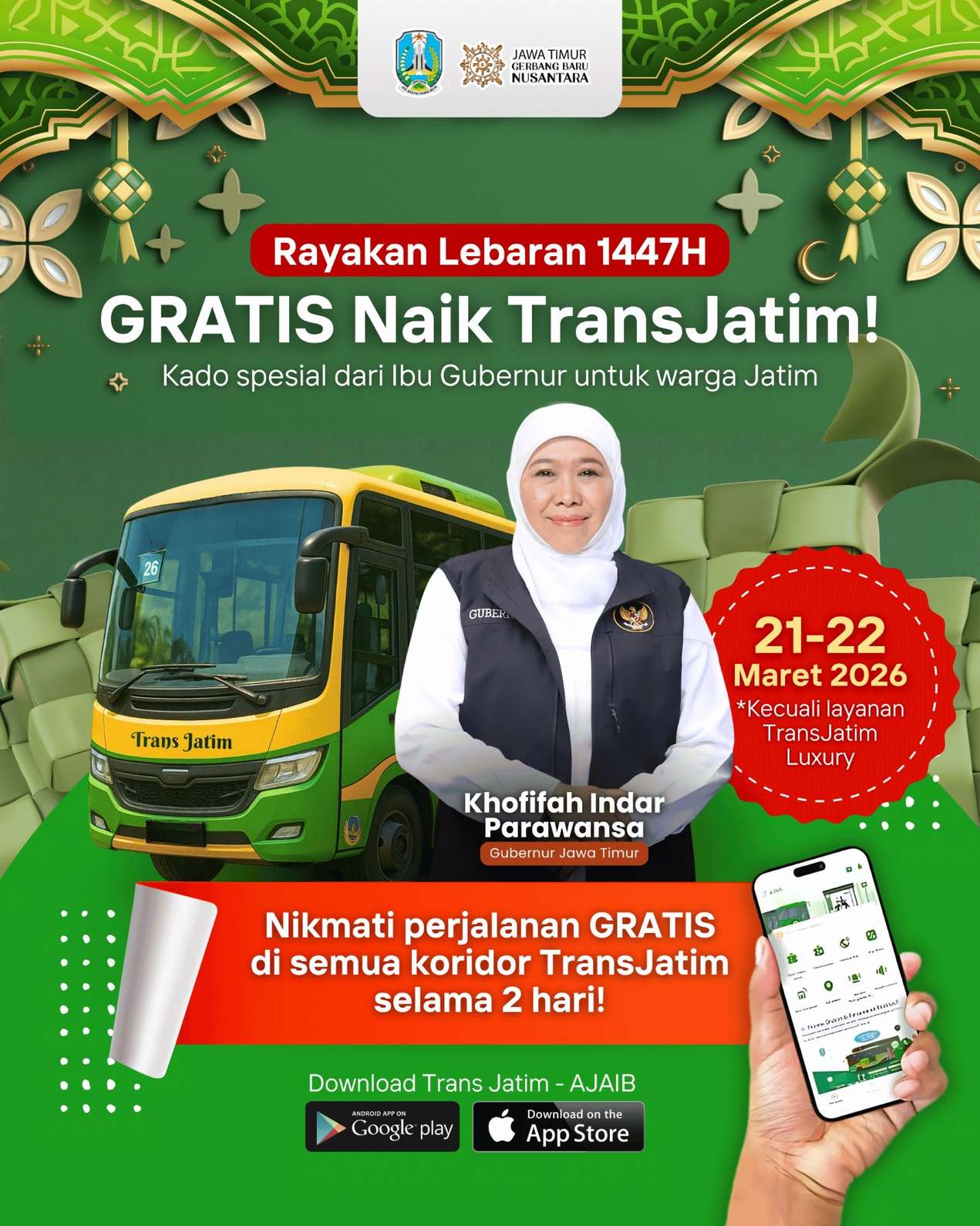 Gubernur Khofifah Gratiskan Trans Jatim di Hari Lebaran dan H+1, Mudahkan Mobilitas Masyarakat